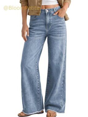 Wide Leg Jeans Raw Hem Mid Rise Stretch Waist Loose Fit Denim Pants